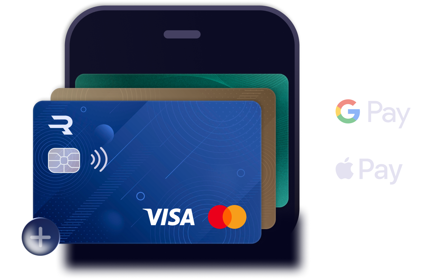 Here's an alt text for this image: "Digital wallet interface showing multiple payment cards stacked in a smartphone screen. The front card is a blue Visa card with contactless payment symbol and chip